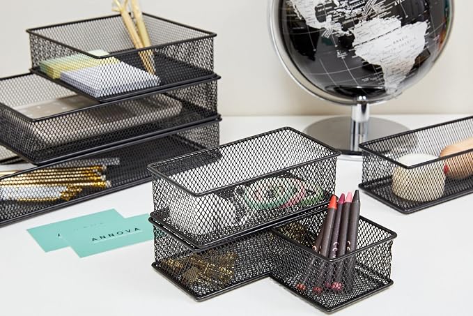 Annova Mesh Stackable Drawer Cabinet and Shelf Organizer Bins Storage Basket School Office Supply Holder Tray- Set of 2 (Black, 6x9x2 Inch)