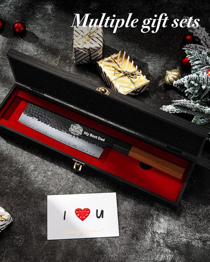 FAMCÜTE Custom Engraved 7'' Nakiri Knife, Hand Forged 5-Layer 9CR18MOV Steel Japanese Chef Knife with Rosewood Handle, Personalized Birthday Gifts for Men/Dad (Luxury Sandalwood Box)