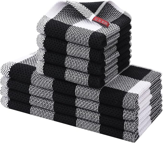 Homaxy Kitchen Towels and Dishcloths Set, 12 x 12 and 13 x 28 Inches, Set of 8 100% Cotton Waffle Weave Check Plaid Kitchen Dish Towels, Super Soft and Absorbent Dish Cloths, White & Black