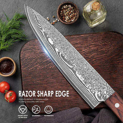 COOKLET'S Chef Knife, 8 Inch Professional VG10 Damascus High Carbon Stainless Steel Ultra Sharp Chef Knife, Vegetable Meat Kitchen Cooking Knife, G10 Ergonomic Color Wooden Handle with Luxury Gift Box