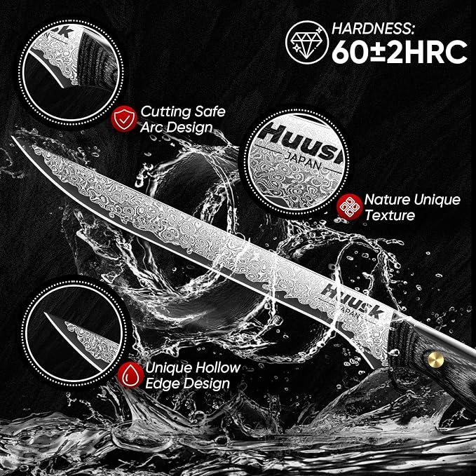 Huusk Damascus Boning Knife 8 inch, VG10 Brisket Trimming Knives for Meat Cutting, Flexible Fillet Knife, Butcher Knives, Kitchen Slicing Knives with Full Tang Handle, Christmas Gift for Men and Women