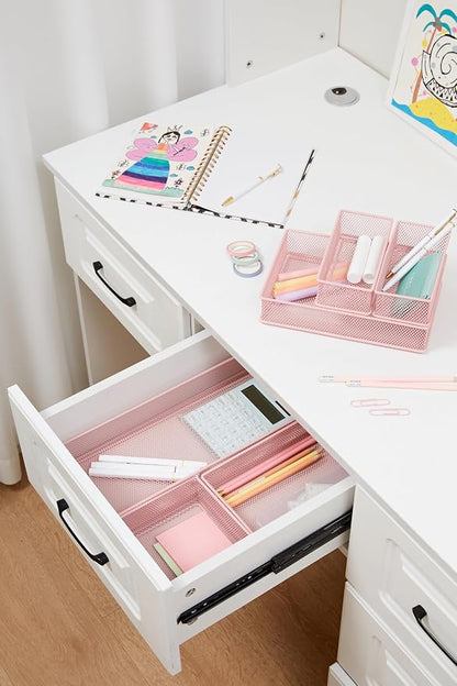 Annova Mesh Stackable Drawer Cabinet and Shelf Organizer Bins Storage Basket School Office Supply Holder Tray- Set of 2 (Light Pink, 3x12x2 Inch)