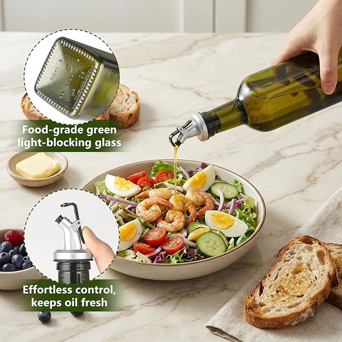 WERTIOO Green Olive Oil Dispenser Bottle,17oz Glass Oil and Vinegar Dispenser for Kitchen, 500ml Glass Bottles for Vinegar Oliveoil with Label and Funnel