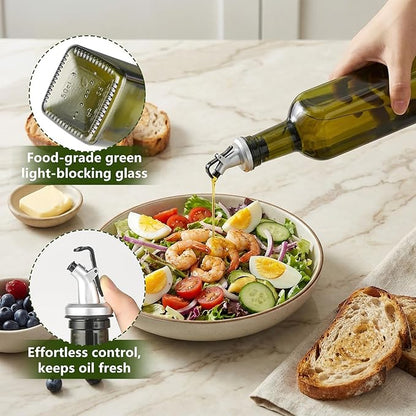 WERTIOO Green Olive Oil Dispenser Bottle,17oz Glass Oil and Vinegar Dispenser for Kitchen, 500ml Glass Bottles for Vinegar Oliveoil with Label and Funnel