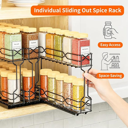 RCHYFEED Pull Out Spice Rack Organizer for Cabinet, Metal Heavy Duty Cabinet Spice Organizer, 2 Tier Slide Out Spice Racks, 7.3 W x10.5 D x8 H, 3 Individual Drawers(2.1" Wide), Jars Not Included