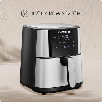 Chefman Air Fryer 6 Qt | TurboFry® 5-in-1 with 450°F Hi-Fry Option for Crispier Results | Bake, Dehydrate, Frozen | XL Nonstick Dishwasher-Safe Basket | Stainless Steel