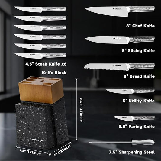 KEYCUT 13 PCS Knife Set with Block, Upgraded 5Cr15Mov High Carbon Stainless Steel Kitchen Knife Sets with Block and Sharpener, Ergonomic Full-Tang Handle, Professional Kitchen Knife Set