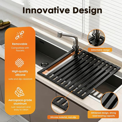 Foldable Over Sink Dish Drying Rack, Extra Wide & Thick Rust-Proof Aluminum Sink Cover for Counter Space, Collapsible Dish Drying Rack Fits Most Kitchen Sinks (Black, 20.5“x13.6)