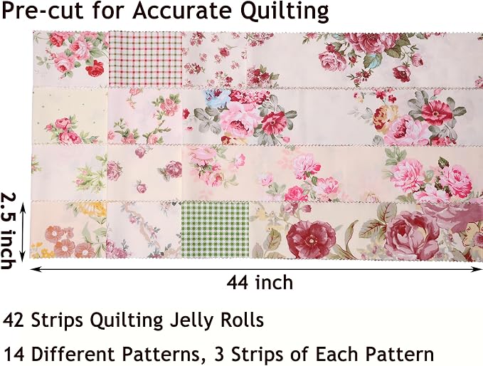 Nodsaw Jelly Rolls for Quilting Clearance 42 Strip 2.5" x 44" - Cotton Jelly Roll Fabric Strips for Quilting, Sewing, Blanket, Rug, Home Decor, and Purse Making, Vintage Floral
