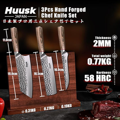 Huusk Kitchen Knife Set of 3 - Japanese Nakiri Vegetable Knife, Meat Cleaver Boning Knife for Meat Cutting, Hand Forged Butcher Chef Knives Set for Kitchen Cooking, Gift Idea for Men Women