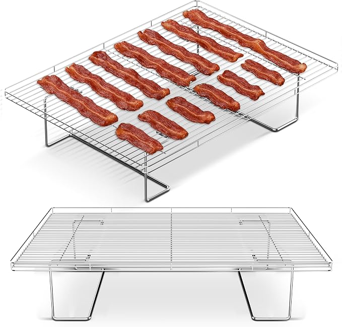 Flip-Free Crispmaster 1st Ever 4-Inch Elevated Roasting, Baking, and BBQ Rack for 360° Heat Stainless Steel Wings, Fries, Chicken, Veggies, Turkey for Oven, Grill, or Smoker 17” x 13”