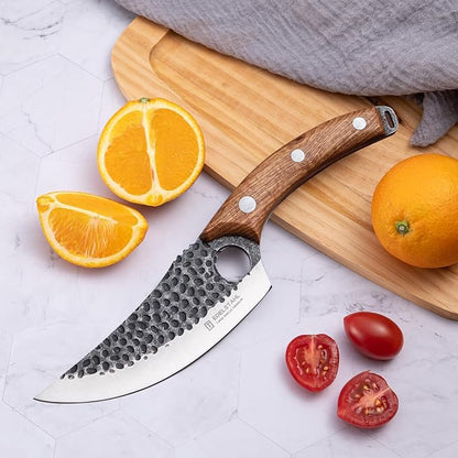 Chef Knife,Kitchen Knife for Boning,Cutting and Chopping,Hand Forged Butcher Knife,Stainless Steel Japanese Knife for Outdoor Cooking,Camping,BBQ,Ergonomic Handle,Brown