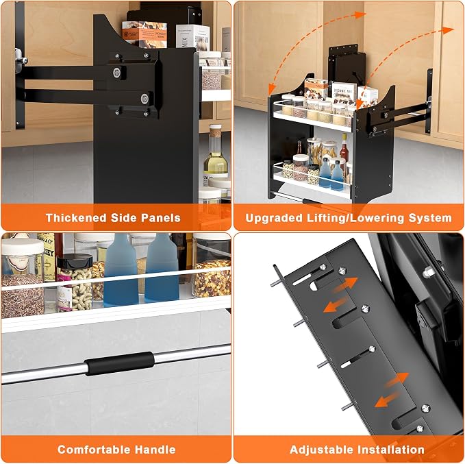Pull Down Shelf,2-Tier Organizer for Upper Cabinets - Fits 22-24 Inch Wide Upper Cabinets, Heavy Duty Chrome Steel, Space Saving Storage Solution,black