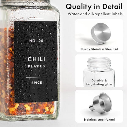 EDELHAUS Glass Spice Jars with Label and Stainless Steel Lids (24 x 4oz) Spice Containers with 240 Labels, Shaker Inserts, Steel Funnel, Empty Square Seasoning Organizer for Spice Rack Cabinet Drawer
