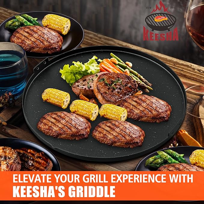 KEESHA 21.5'' Round Premium Nonstick Carbon Steel Griddle with 2 Handles for Recteq Pellet RT-B380 Bullseye Wood Pellet Grill, Thickened and Taller Edges, Food Grade Coating-No PFOA