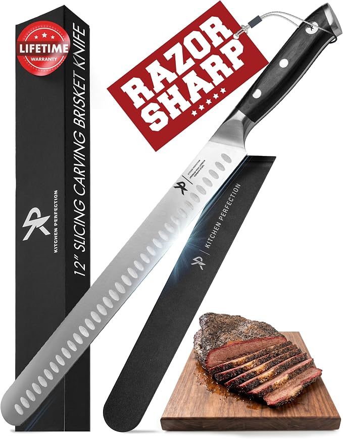 Kitchen perfection 12” Brisket Knife for Carving & Slicing Meat - Ultra Sharp Premium German Steel Granton Edge with Sheath, Full Tang Ergonomic Handle.For BBQ, Turkey & Ribs- Grilling Gifts for Men