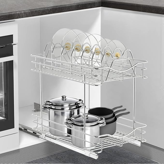 FULGENTE Pull Out Cabinet Pots and Pans Organizer 11" W x 18" D 2 Tier Wire Basket for Lid Cookware Drawer Slide Out Kitchen Cupboard Organization Shelves Shelf for Pantry Roll Out Storage, Chrome