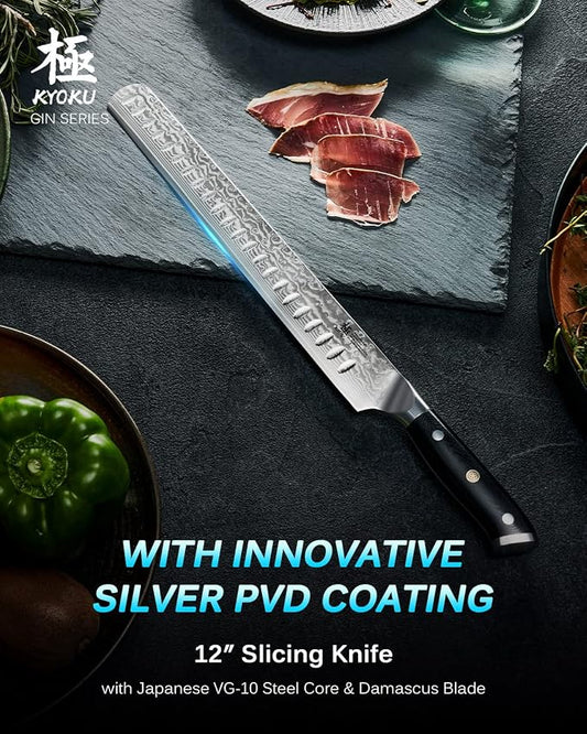 Kyoku 12" Brisket Knife for Meat Carving, UPGRADED Damascus Slicing Knife with Silver PVD Coating for Professional &Home Chefs,Sharp Japanese VG10 Steel Butcher Meat Cutting Knives,BBQ Breaking Slicer