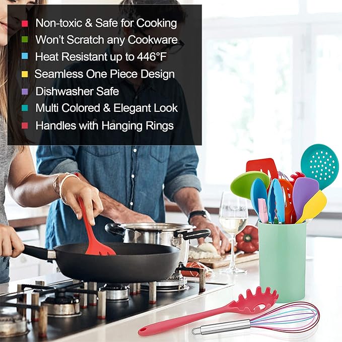 LIANYU 12-Piece Silicone Kitchen Cooking Utensils with Holder, Kitchen Tools Set Include Slotted Spatula Spoon Turner Ladle Tong Whisk, Dishwasher Safe, Multi Colored
