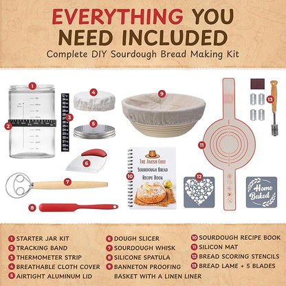 Complete Sourdough Bread Starter Kit, Glass Sourdough Starter Jar Kit & Tons of Sourdough Baking Supplies - Sourdough Starter Kit Includes Sourdough Jar, Banneton Bread Proofing Basket & More
