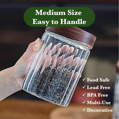 Decorative Borosilicate Glass Jar with Screw Top Airtight Wooden Lid, 28 oz/850ml Leak Resistant Food Storage Canister, Wide Mouth Container for Coffee Cookie Candy Overnight Oats Sourdough Starter