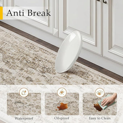 Anti Fatigue Kitchen Mats 2PCS Brown Neutral Mats for Cushioned Vintage Kitchen Matss for Floor Non-Slip Waterproof Comfort Standing Rug for Sink Laundry Office 17.3"×47"+17.3"×30"