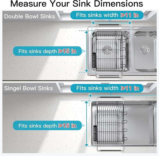 Over the Sink Expandable Dish Drainer Drying Rack In Stainless Steel for Small Kitchen, Counter Space Saving Modern Compact Metal Above Plate Dryer Strainer, Adjustable Hanging Inside Drain Holder