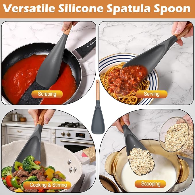 Cooking Spoon Set with Wooden Handle, Heat-Resistant Kitchen Utensils for Stirring, Mixing, Serving, Non-Stick Cookware (GRAY - 1Pack)