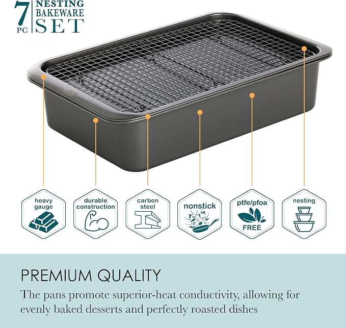 Chicago Metallic 7-Piece Nonstick Bakeware Nesting Set - Carbon Steel Baking Sheet, Loaf Pan, Muffin Pan, Cake Pan, Roaster and Cooling Rack