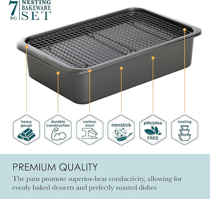 Chicago Metallic 7-Piece Nonstick Bakeware Nesting Set - Carbon Steel Baking Sheet, Loaf Pan, Muffin Pan, Cake Pan, Roaster and Cooling Rack