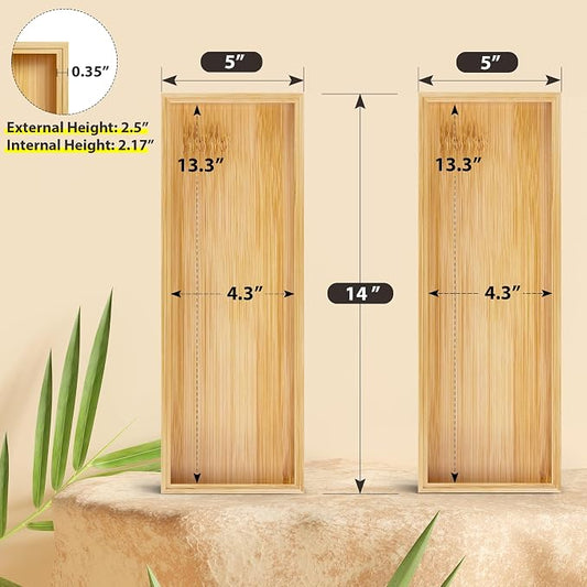 Kitchen Drawer Organizer Bins, Stackable Bamboo Deep Drawer Organizer for Silverware, Utensils, Cutlery, Flatware, Junk Drawer, Dresser, Bathroom, 14" x 5" x 2.5" (Set of 2)