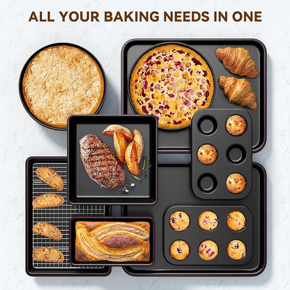 Wildone 13-Piece Baking Pans Set Nonstick - Stackable Bakeware Sets Including Cookie Sheets for Baking, Rack, Muffin Pan, Cake pan, Loaf Pan, Roasting Pan, Heavy Duty & Easy Clean, Plum