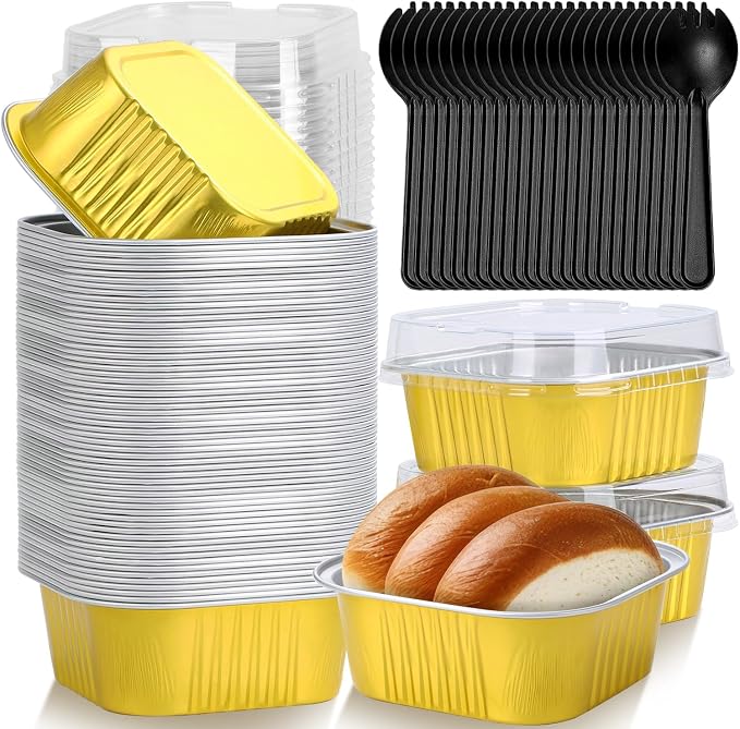 selizo 60 Pack 10oz Mini Disposable Cake Pans with Lids, Aluminum Foil Square Baking Cups, 4.4x4.4 Large Baking Cake Tins Cup Cake Containers with Lids for Individual Cakes