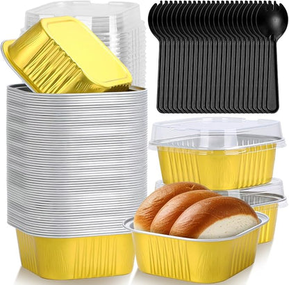 selizo 60 Pack 10oz Mini Disposable Cake Pans with Lids, Aluminum Foil Square Baking Cups, 4.4x4.4 Large Baking Cake Tins Cup Cake Containers with Lids for Individual Cakes