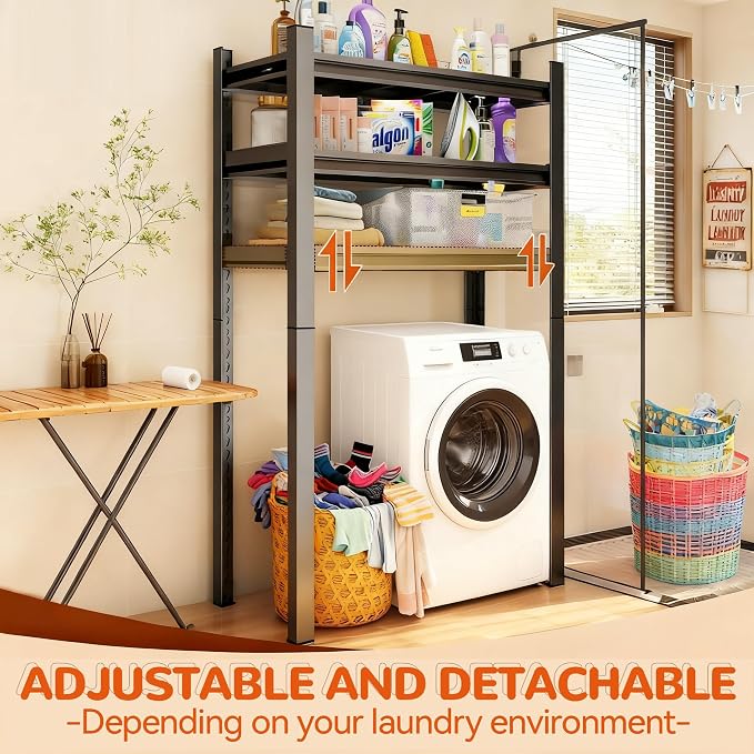 Height-Adjustable Bathroom & Laundry Storage Shelf, 3-Tier Metal Organizer Rack for Washer Dryer, Sturdy Shelving Unit for Bathroom Essentials, 63" H x 35.4" W x 13" D Inches