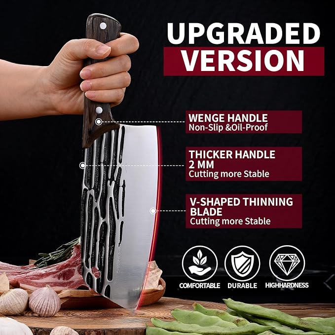 Forged Meat Cleaver Kitchen Butcher Knife for Meat Cutting and Slicing, Serbian Chef Knife with Wood Handle and Gift Packaging