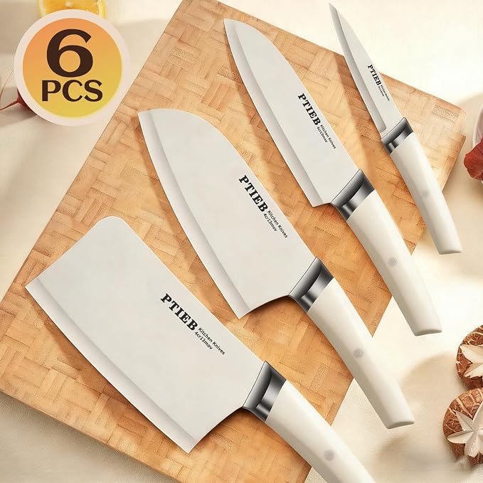 Knife Set, 6-Piece Kitchen Knife Set with Block, Stainless Steel Essentials Cutlery Block Set,Ultra-sharp Blades Chef Knives Set, Rust-Resistant, Ideal Housewarming Gift (White)