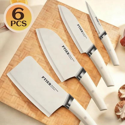 Knife Set, 6-Piece Kitchen Knife Set with Block, Stainless Steel Essentials Cutlery Block Set,Ultra-sharp Blades Chef Knives Set, Rust-Resistant, Ideal Housewarming Gift (White)