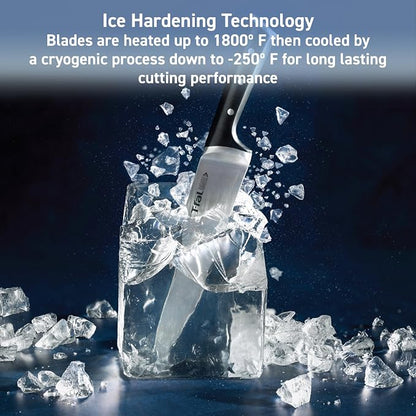 T-Fal Ice Force German Stainless Steel Santoku Knife, Utility knife 2 Piece, Long Lasting Sharpness, High Cutting Precision, Superior Durability, Ultra Sharp, Cookware Kitchen Knife, Cook Tool, Black