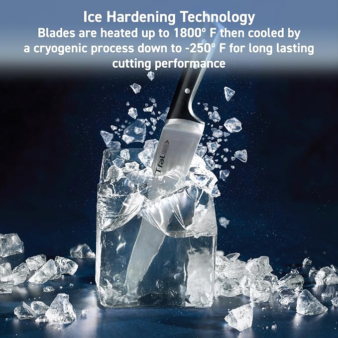 T-fal Ice Force German Stainless Steel Chef knife, Utility knife, Paring knife, 3 Piece, Long Lasting Sharpness, High Cutting Precision, Superior Durability, Ultra Sharp, Cookware Kitchen Knife, Black