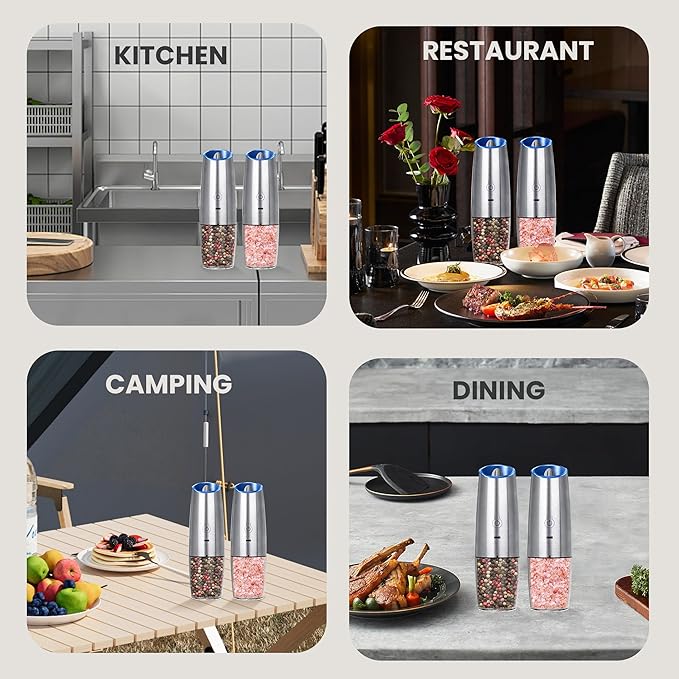 Rechargeable Salt And Pepper Grinder Set with LED Light, Automatic Electric Gravity Salt And Pepper Shakers Set, No Battery Needed, Adjustable Roughness, 2 Pack (Silver)