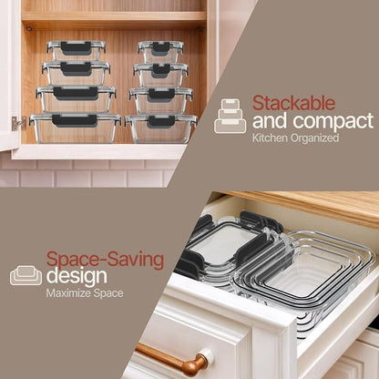 Bakken Borosilicate Glass Food Storage Containers with Lids 16 Pieces, BPA-Free Stackable Lunch & Leftover Containers, Microwave, Freezer & Dishwasher Safe, 100% Airtight Leak-Proof, Black