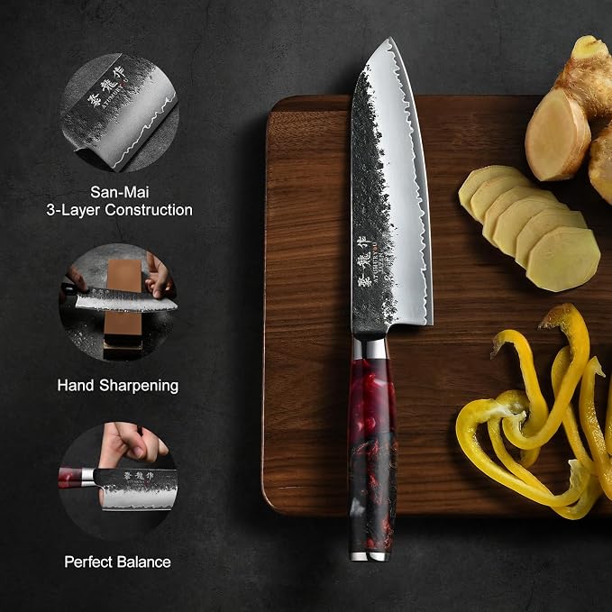 Japanese Chef Knife, 7 Inch Hand Forged Santoku Knife with VG10 Steel, Chefs Knives for Professional & Home Kitchen, Sharp Kitchen Knives with Red Ergonomic Handle, Cooking Gifts for Men and Women