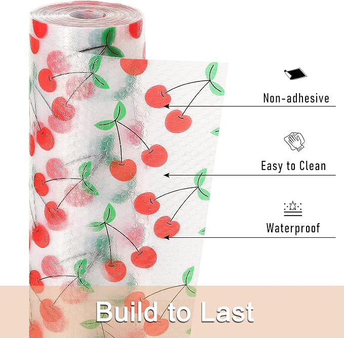 Cooyes Shelf Liner, Non-Adhesive Waterproof Shelf Paper with Fruit Pattern, Easy to Cut and Durable EVA Cabinet & Drawer Mat for Kitchen (11.8 Inch W x 236 Inch L, Red Cherry)