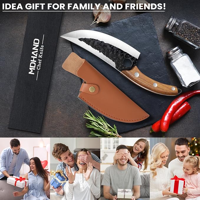 MDHAND Chef Knife - Hand Forged Kitchen Knife, High Carbon Steel Butcher Knife with Ergonomic Wood Handle, Japanese Chef Knives for Camping, Outdoor, BBQ, Gifts for Men