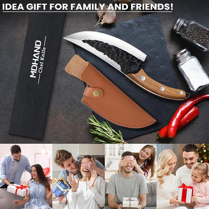 MDHAND Chef Knife - Hand Forged Kitchen Knife, High Carbon Steel Butcher Knife with Ergonomic Wood Handle, Japanese Chef Knives for Camping, Outdoor, BBQ, Gifts for Men
