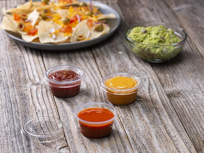 2 oz - 100 Sets Clear Diposable Plastic Portion Cups With Lids, Small Mini Containers For Portion Controll, Jello Shots, Meal Prep, Sauce Cups, Slime, Condiments, Medicine, Dressings, Crafts,
