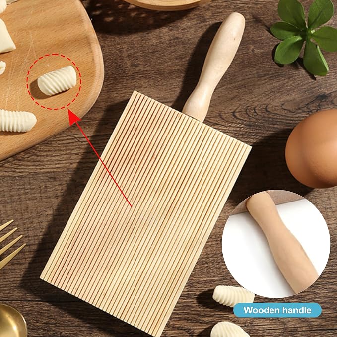 CoguZed Wooden Gnocchi Board Set with Rolling Pin, Professional Gnocchi Maker and Pasta Board for Homemade Garganelli, Natural Wood Paddle for Kitchen Cooking