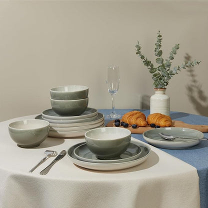 Pokini Stoneware Dinnerware Sets for 6, Microwave Safe Plate and Bowl Set, Easy to Clean & Durable Dishes Sets for Small to Medium Families, Gray Green