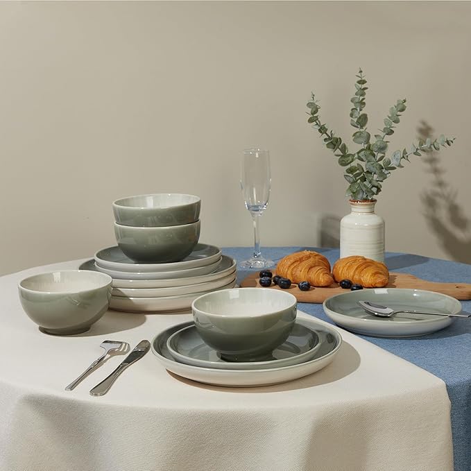 Pokini Stoneware Dinnerware Sets, Ceramic Plates and Bowls Set, Microwave & Dishwasher Safe Kitchen Dish Set, Modern Dinner Salad Plates | Cereal Bowls for 4, Dishware Sets Gray Green